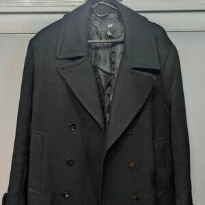 H&M Men's Black Pea Coat Double-breasted Coat